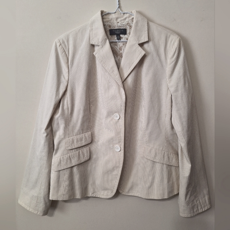 Talbots 14 P Seersucker 100% Cotton Cream Beige Pinstripe Blazer Jacket
